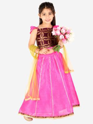 KID1 Frill Sleeves Lehenga Choli Dupatta With Mang Tikka 1