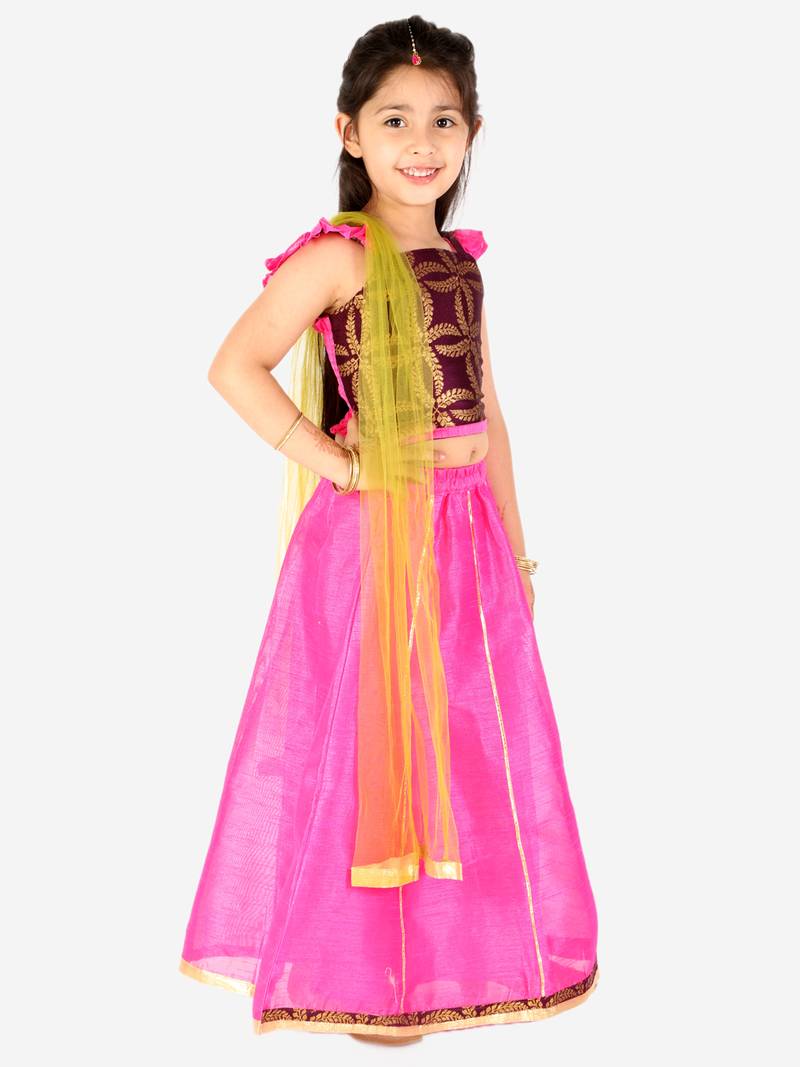KID1 Frill Sleeves Lehenga Choli Dupatta With Mang Tikka