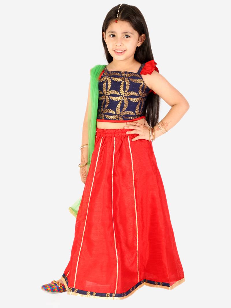KID1 Frill Sleeves Lehenga Choli Dupatta With Mang Tikka