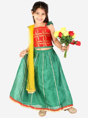 KID1 Frill Sleeves Lehenga Choli Dupatta With Mang Tikka 1