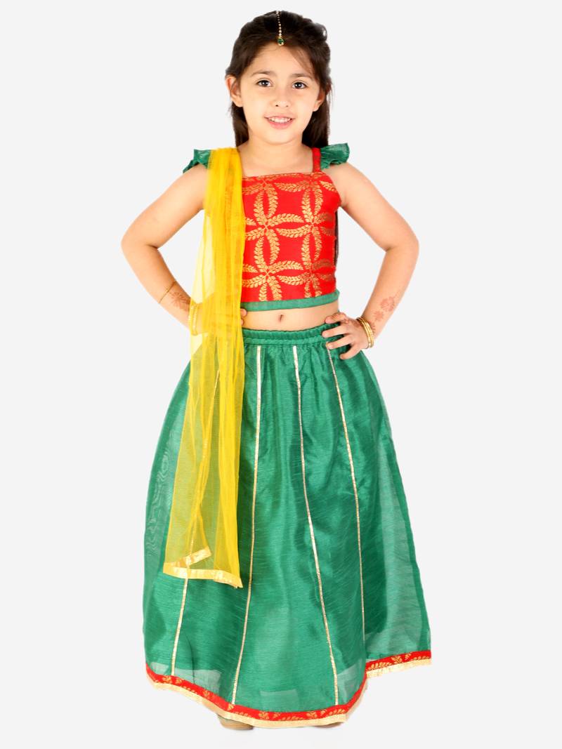 KID1 Frill Sleeves Lehenga Choli Dupatta With Mang Tikka