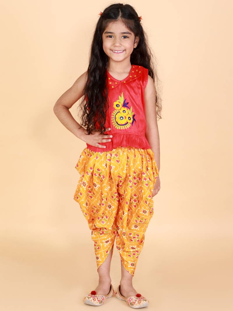 KID1 Mirror Embroidered Work Top With Pattola Print Dhoti