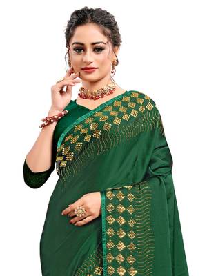 Green embroidered satin saree with blouse 3