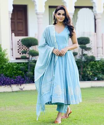 Firozi Gold Handblock Anarkali Suit Set (Set of 3) 1