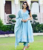 Firozi Gold Handblock Anarkali Suit Set (Set of 3)