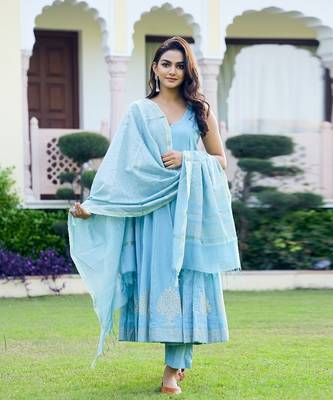 Firozi Gold Handblock Anarkali Suit Set (Set of 3) 2