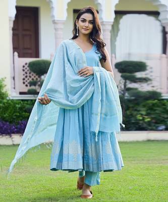 Firozi Gold Handblock Anarkali Suit Set (Set of 3) 3