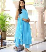 Maya Blue Gold Hand Block Anarkali Suit Set (Set of 3)