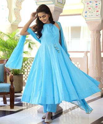 Maya Blue Gold Hand Block Anarkali Suit Set (Set of 3) 3