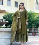 Moss Gold Handblock Chanderi Kurta Palazzo Suit Set (Set of 3)