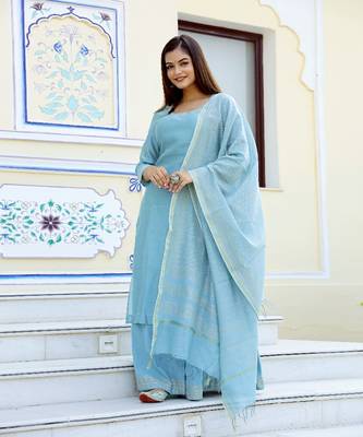 Firozi Gold Handblock Kurta Palazzo Suit Set (Set of 3) 1