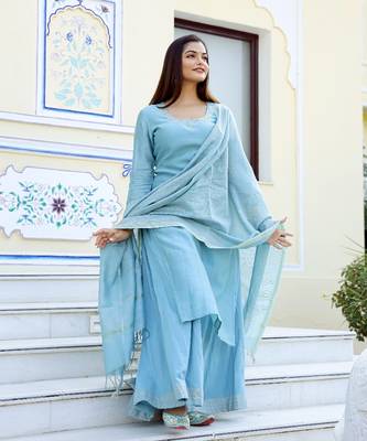 Firozi Gold Handblock Kurta Palazzo Suit Set (Set of 3) 2