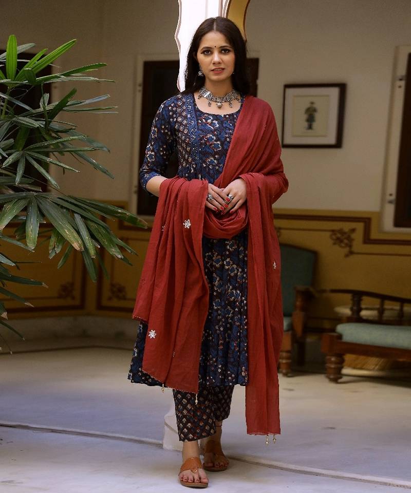 Charming Bagru Print Anarkali Kurta Pant Set ( Set of 3 )