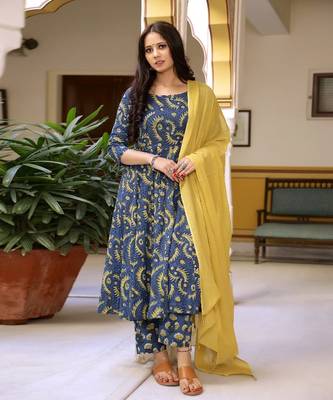 Delightful Bagru Print Anarkali Kurta Pant Set ( Set of 3 ) 1