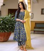 Delightful Bagru Print Anarkali Kurta Pant Set ( Set of 3 )