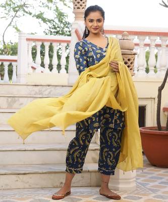 Gracy Bagru Print Straight Kurta Pant Set ( Set of 3 ) 1