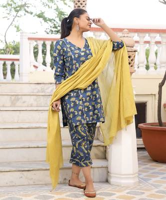Gracy Bagru Print Straight Kurta Pant Set ( Set of 3 ) 2