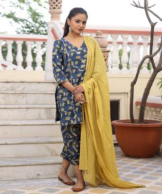 Gracy Bagru Print Straight Kurta Pant Set ( Set of 3 ) 3