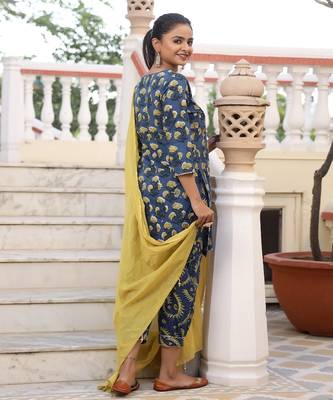 Gracy Bagru Print Straight Kurta Pant Set ( Set of 3 ) 4