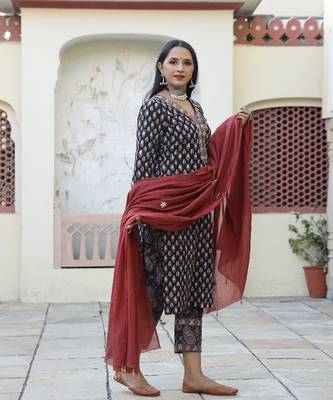 Bevy Bagru Print Straight Kurta Pant Set ( Set of 3 ) 1