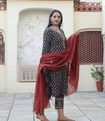 Bevy Bagru Print Straight Kurta Pant Set ( Set of 3 )