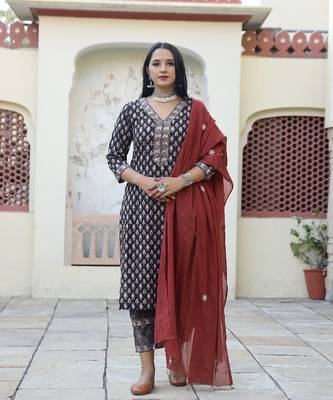 Bevy Bagru Print Straight Kurta Pant Set ( Set of 3 ) 2