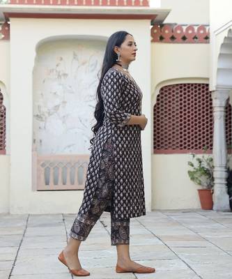 Bevy Bagru Print Straight Kurta Pant Set ( Set of 3 ) 4