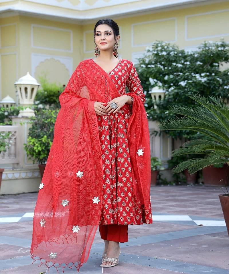 Freesia Ajrakh Hand Block Printed Anarkali Suit Set (Set of 3)