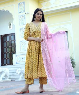 Peony Sanganeri Hand Block Printed Anarkali Suit Set (Set of 3) 1