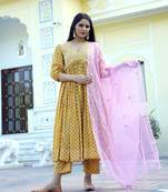 Peony Sanganeri Hand Block Printed Anarkali Suit Set (Set of 3)