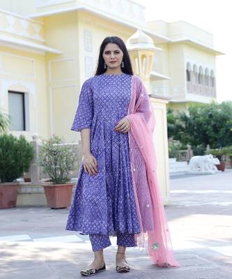 Lilac Hand Block Printed Anarkali Suit Set (Set of 3) 1