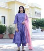 Lilac Hand Block Printed Anarkali Suit Set (Set of 3)