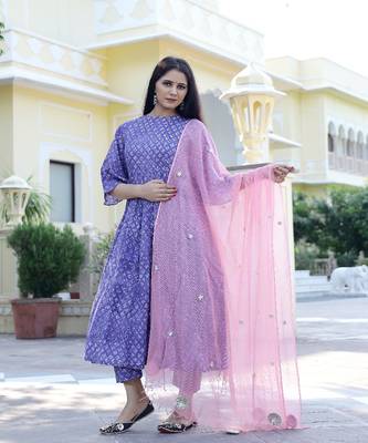 Lilac Hand Block Printed Anarkali Suit Set (Set of 3) 2