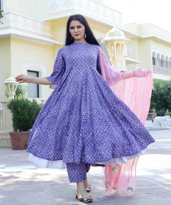 Lilac Hand Block Printed Anarkali Suit Set (Set of 3) 3