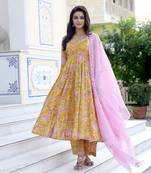 Thyme Sanganeri Hand Block Printed Anarkali Suit Set (Set of 3)