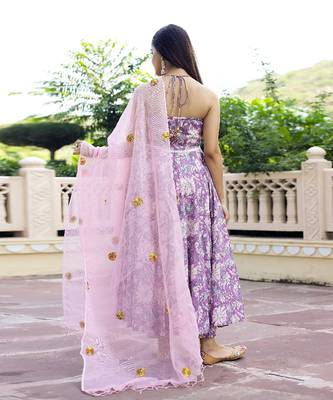 Lavender Hand Block Printed Anarkali Suit Set (Set of 3) 2