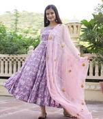 Lavender Hand Block Printed Anarkali Suit Set (Set of 3)
