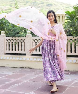 Lavender Hand Block Printed Anarkali Suit Set (Set of 3) 4