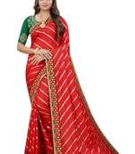 Red embroidered dupion silk saree with blouse