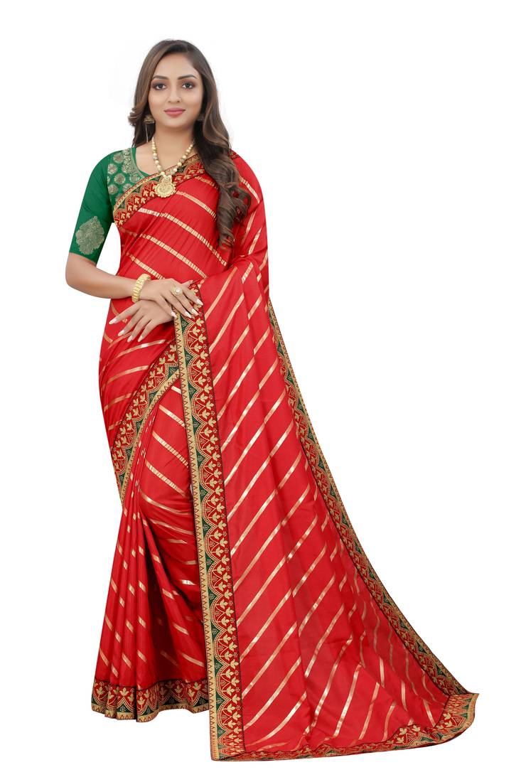 Red embroidered dupion silk saree with blouse
