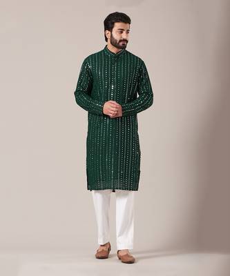 Bottle Green Kurta With Mirror Work 1