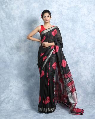 Black And Red Bandhani Print Linen With Blouse 1