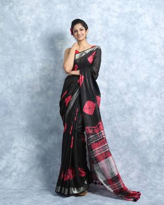 Black And Red Bandhani Print Linen With Blouse 2