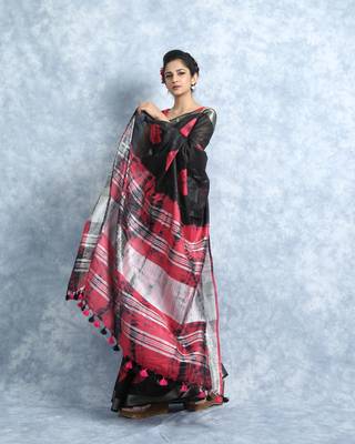 Black And Red Bandhani Print Linen With Blouse 3