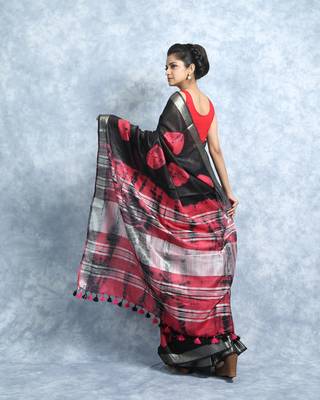 Black And Red Bandhani Print Linen With Blouse 4