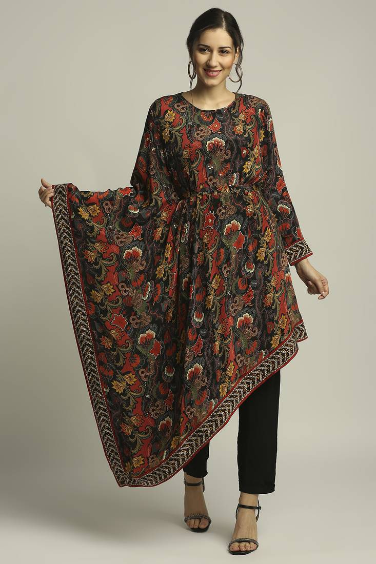Black batik Printed Asymmetrical Kurta With Pant