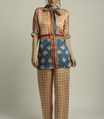 Peach Teal Blue orchid Bloom Printed Top With Pant