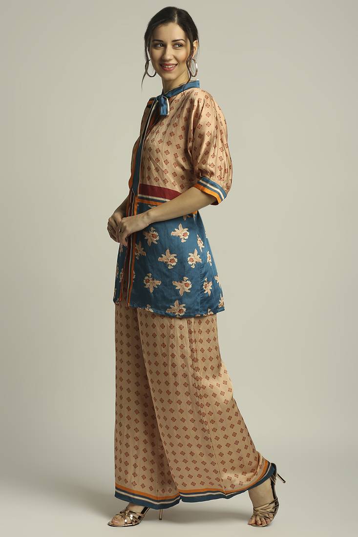 Peach Teal Blue orchid Bloom Printed Top With Pant