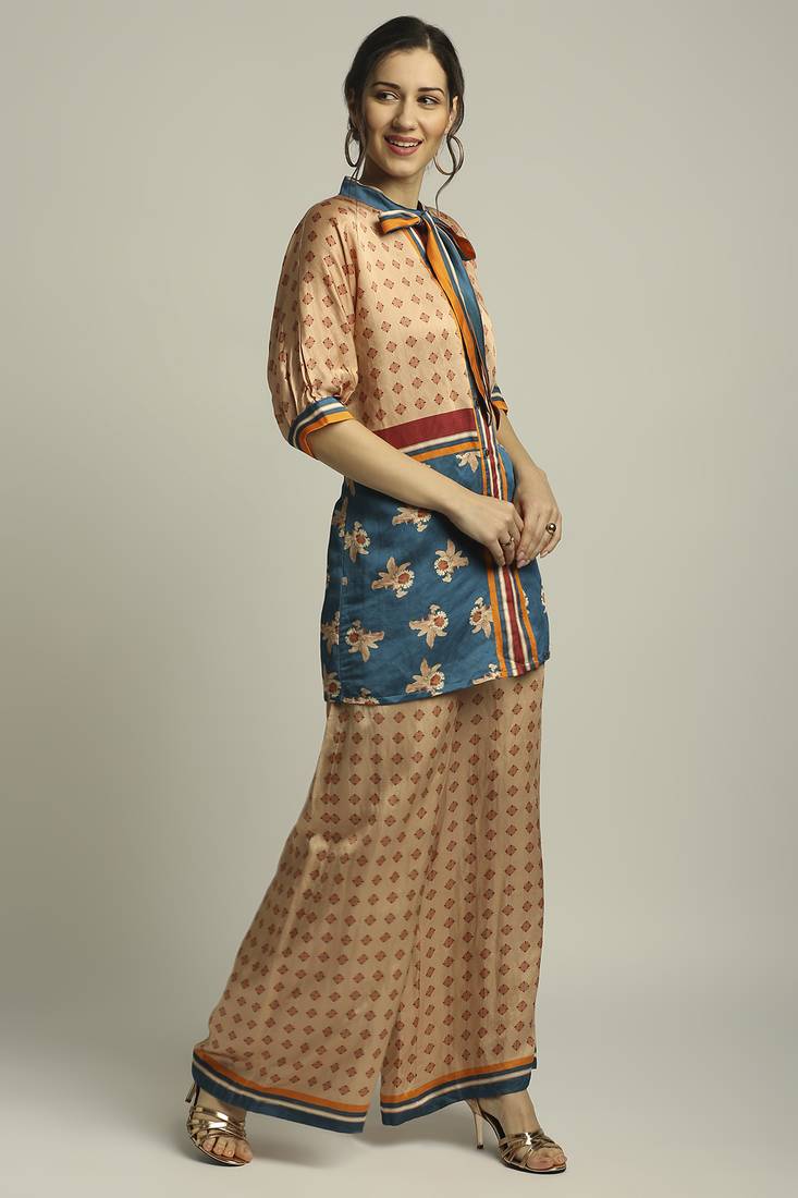Peach Teal Blue orchid Bloom Printed Top With Pant