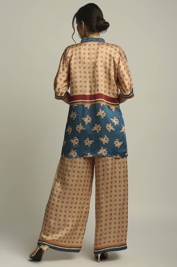 Peach Teal Blue orchid Bloom Printed Top With Pant